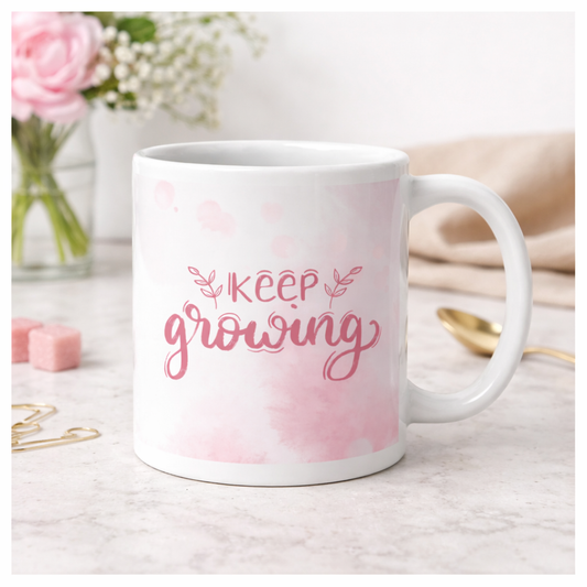 Keep Growing Inspirational Coffee Mug – Pink Floral Motivational Mug